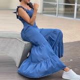 Women Solid Imitation Denim Jumpsuits Spring V Neck High Waist Straight Playsuits Summer Backless Wide Leg Pleated Pants Rompers