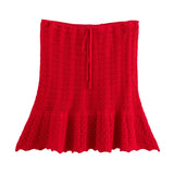 Purpdrank  Knit Jacquard Mesh Women Skirts Sets New Elegant Hollow Out O Neck Sleeveless Vest Casual Drawstring A-Line Mini Skirt