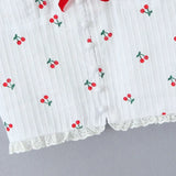 Purpdrank  Sexy White Red Fruit Tie Bow Halter V neck Open Buttons Slim Tank Top Women Spliced Lace Hem Sleeveless Backless Tee Summer Vest