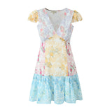 Purpdrank  Retro French style Contrast Color Flower Print V neck Mini Dress Sexy Short Flying Sleeve Ruffles Hem Slim Waist Robe