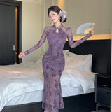 Purpdrank  Sexy Long Sleeve Lace Cheongsam Dress Waist Cinched Maxi Skirt for Women Southeast Asia Cross Border Elegant Commute Style
