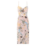 Purpdrank  Retro French Style Pink Floral Print Cut out Bow Front V neck Sling Dress Cross Slit Hem Midi Long Tank Dresses Femme Vestidos