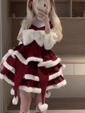 Purpdrank  Winter Christmas Sweet Lolita 2 Piece Sets Fit Chic Blouses + Fuzzy Fluffy Dresses New Kawaii Slim Fashion Warm Cute Outfit