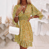Purpdrank  Dresses Women V Neck Low Cut Boho Print Dress Ruffled Half Sleeve Dresses Summer New Fashion Chic Elegant Dress