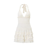 Purpdrank  Beach Mini Dress Women y2k Clothes Solid Color Sleeveless Backless Layered Ruffle Halter Dress Cocktail Party Dresses