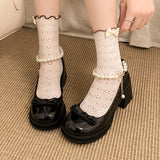 Purpdrank  Elegant Pearls Chain High Heels Mary Jane Shoes Women 2025 Bowknot Thick Heel Pumps Woman Round Neck Patent Leather Party Shoes