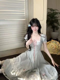 Purpdrank  French Gentle Style Vintage Women Dress Sweet Bow Short Sleeve Dress Lace Splice Korean Popular Chic Long Dress New Summer 2025
