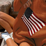 Purpdrank  Retro American Style Streetwear Star Flag Pattern Loose Fit Crewneck Pullover Knit Sweater Women's Top