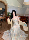 Purpdrank  Summer Floral Printed Long Dress Women Patchwork Lace Chiffon Fairy Dress Casual Gold Stamping Bow Tie Suspender Dress
