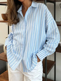 Purpdrank  Women's Striped irt Casual Long Sve Breathable Polyester Fiber Commute Sle Comfortable Fit Striped Blouse for Ladies