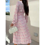 Purpdrank  S-XXL Women's Fashion V-neck Single Breasted  Long Party Dress Ladies Casual Printed Waist Comfortable Versatile Dress