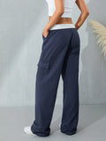Purpdrank  Women Casual Cargo Pants Solid Deep Blue Black Patchwork Straight Leg Trousers With Multiple Pockets