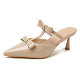 Purpdrank  Nude Pointed Toe Sexy Stiletto Slippers Sandals Women Fashion Bowknot Backless Muller Dress Pumps Luxury Designer Bridal Heels