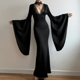 Purpdrank  Gothic Lace Trim Bodycon Dress Elegant Fashion Dark Slim-Fitting Solid Deep V-Neck Long Flare Sleeve Maxi Dresses Women