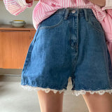 Purpdrank  Spring Summer Lace Patchwork Women's Denim Short Pants 2025 New High Waist Blue Casual Jeans Wide Leg Shorts for Women