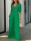 Purpdrank  Women's Solid Color Cotton Jumpsuit Elegant V Neck Long Sleeves Wide Leg Romper Casual Office Party One Piece Outfits