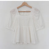 Purpdrank  Summer Cotton Puff Sleeve Women's T-shirts 2025 New Square Collar Backless Hollow Out Casual Loose Shirts Tops Female