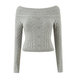 Purpdrank  Autumn French Retro Slash Neck Slim Solid All Match Long Sleeve Knitted Pullovers