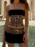 Purpdrank  Sequins Leopard 2 Piece Set for Women Fashion Furry Strapless Sleeveless Crop Tube Top and Mini Pencil Skirt Matching Suit
