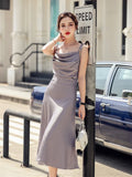 Purpdrank  Elegant Sling Satin Dresses For Women Summer Sleeveless Folds Purple Long Dress Vestidos