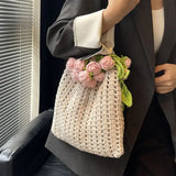Purpdrank  Rose Crochet Handbag Spring Cute Knitted Shoulder Bag Romantic Designer Floral Hollowed Out Ladies Shoulder Bag Armpit Bag