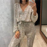 Purpdrank  Jumpsuit Women Sexy V Neck Sequins Long Sleeve Casual Belt Overalls Female High Waist Playsuit Elegant Ladies Party Club Romper