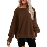 Purpdrank  European And American Women's Oversized round Neck Sweatshirt Long Sleeve Side Slit Sweater for Autumn Winter New