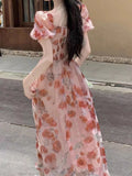 Purpdrank  Summer Floral Printed Y2K Women's Dresses 2025 New High Waist Puff Sleeve Square Collar Ruffles Long Dress for Womens