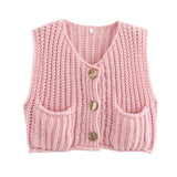 Purpdrank  Button Casual Retro Cropped Sweater Vest Women 2025 Summer Fall Fashion V-Neck Sleeveless Coarse Yarn Knitted Tops Female Jumper