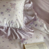 Purpdrank  4Pcs Lyocell Soft Silky Cooling Summer Bedding Set Rose Floral Prints Ruffles Duvet Cover Set Bed Sheet/Fitted Sheet Pillowcases