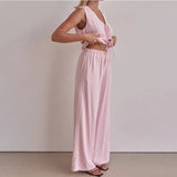 Purpdrank  Trousers Suit Office Lady Outfits Elegant Women Loose Two Piece Set Sleeveless Lace Up Vest Top Elastic Waist Wide Leg Pants Set