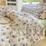 Purpdrank  Flower Skin-friendly Washed Cotton Bedding Set Duvet Cover Set Korean Lace Ruffles Quilt Cover Soft Cover Bed Linen Pillowcases
