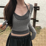Purpdrank  Harajuku Fake Two Pieces Stripe T-shirts Y2k Aesthetic Casual Halter Cropped Tshirts Autumn Women Patchwork Grunge Bodycon Tops