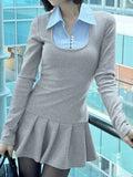 Purpdrank  Korean Preppy Style Grey Dress Women's Patchwork Lapel Collar Button Long Sleeve Slim Fake Two-Piece Pleated Mini Dress