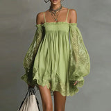 Purpdrank  Bohemian Solid Lace Trim Off Shoulder Party Dresses Woman Long Puff Sleeve Flowy Mini Dress Spring Summer Backless Holiday Dress