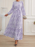 Purpdrank - Female Waistband Print O-Neck Casual Dresses Holiday Women Long Sleeve Maxi Dress Fashion Bohemian Long Robes