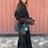 Purpdrank  Vintage O Neck Embroidery Ruffle Stitching Lace Mesh Long Dress Women Sexy Hollow Perspective Loose Party Dresses for Women New