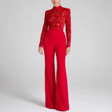 Purpdrank  Embroidery Lace Red Jumpsuits Women Sexy Slim Long-sleeved Belt High Waist Jumpsuit Female 2025 Casual Lady Party Rompers