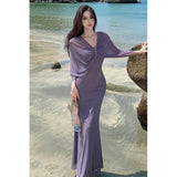 Purpdrank  French Design Sense Pure Desire Style Strapless Off-Shoulder Dress Retro High-End Banquet Beach Vacation Long Dress