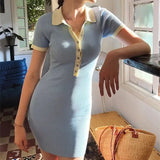 Purpdrank  Sexy Polo Collar Knit Bodycon Dress Women Summer Fashion Patchwork Slim Elastic Mini Dresses Casual Office Lady Vestidos A027