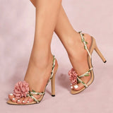 Purpdrank  Bohemian Style Fashion Vine Weave Back Strap Sandals Women Pink Flowers Open Toe Gladiator High Heels Wedding Prom Shoes