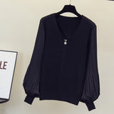 Purpdrank - Black Beading Knit Sweater Pullover Women Elegant Vintage Stylish Chic Knitwear Tops 2023 Autumn Long Sleeve V-neck Jumpers