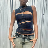 Purpdrank  Sleeveless Back Zipper Vest Clubwear Women Sexy Irregular Hollow Out Cutting Denim Crop Tank Top