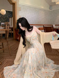 Purpdrank  Summer Floral Printed Long Dress Women Patchwork Lace Chiffon Fairy Dress Casual Gold Stamping Bow Tie Suspender Dress