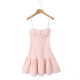 Purpdrank  Pink Embroidery Floral Bra Corset Style Sling Dress Women Cross Lacing up Back 2 Layers hem Party Skater Mini Dresses Robe