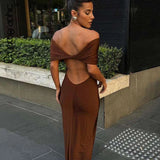 Ruched Elegant Off Shoulder Maxi Dress Club Party Outfits Women Back Split Sexy Backless Bodycon Dresses Vestido