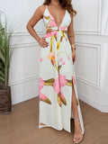 Purpdrank  Elegant V-neck Backless Hollow Maxi Dress Women Fashion Print Hight Waist Slim Long Dress Sexy Sleeveless Split Party Dress