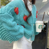 Purpdrank  Women's Retro Sweet Strawberry Knitted Cardigan V-Neck Loose Lazy Style Spring Autumn Winter Sweater Jacket