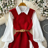 Purpdrank  Autumn Vintage Beaded Design Slit Knitted Vest Sweaters+Long Sleeve White Shirts Women Fashion Commute Two Piece Set