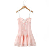 Purpdrank  Pink Embroidery Floral Bra Corset Style Sling Dress Women Cross Lacing up Back 2 Layers hem Party Skater Mini Dresses Robe